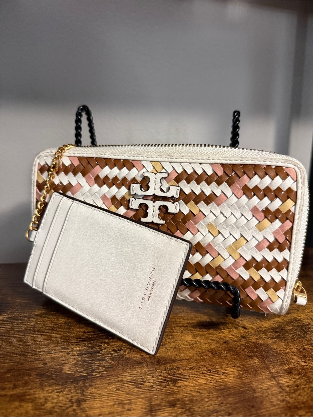 Tory Burch White Multi Woven Leather Wristlet Crossbody